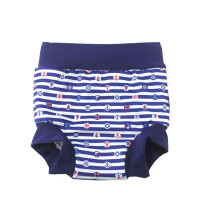BabyPreg Baby Kids Swim Nappies Cover Diaper Pants High-Waisted Belly Protection Swimming Shorts (Navy Stripe, 0-2 Years)