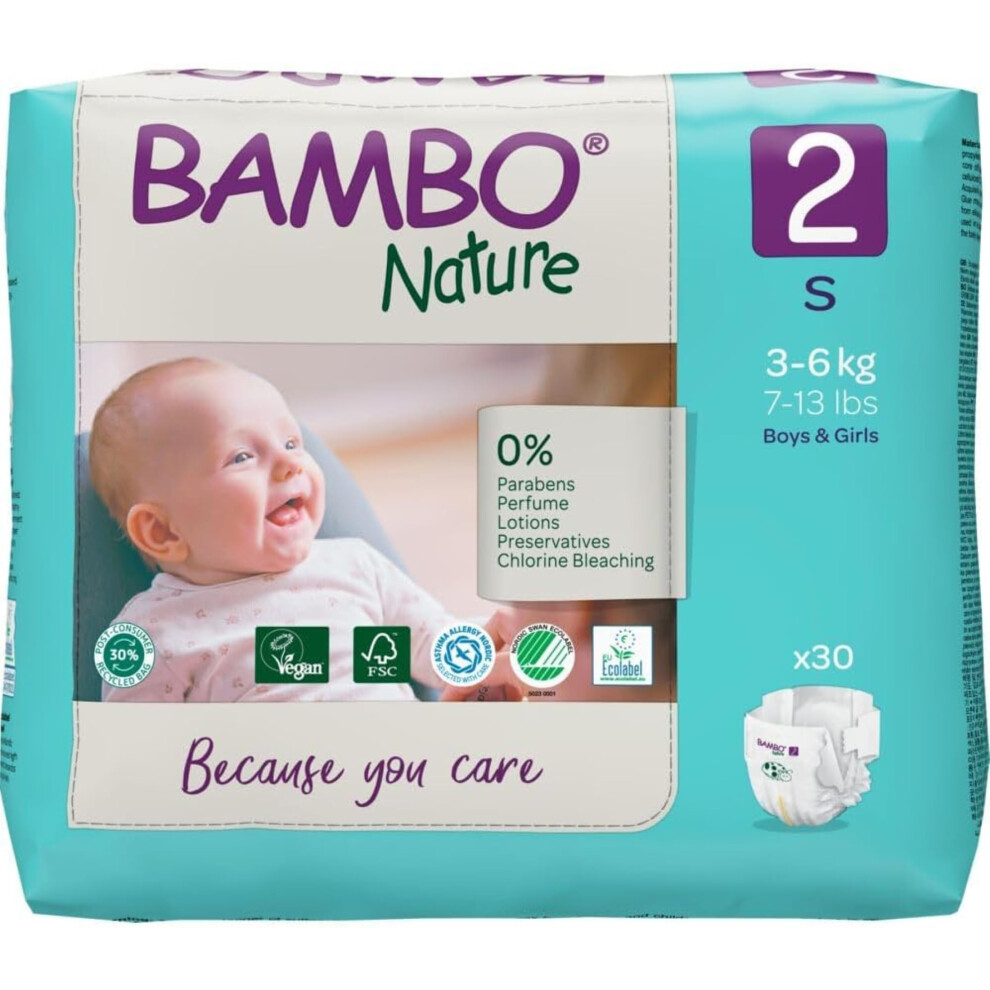 Premium Eco Nappies, Size 2 (7-13Lb/3-6Kg), Mini, 30Pk, Eco-Labelled Sustainable Nappy, Enhanced Leakage Protection, Secure And Bambo Nature