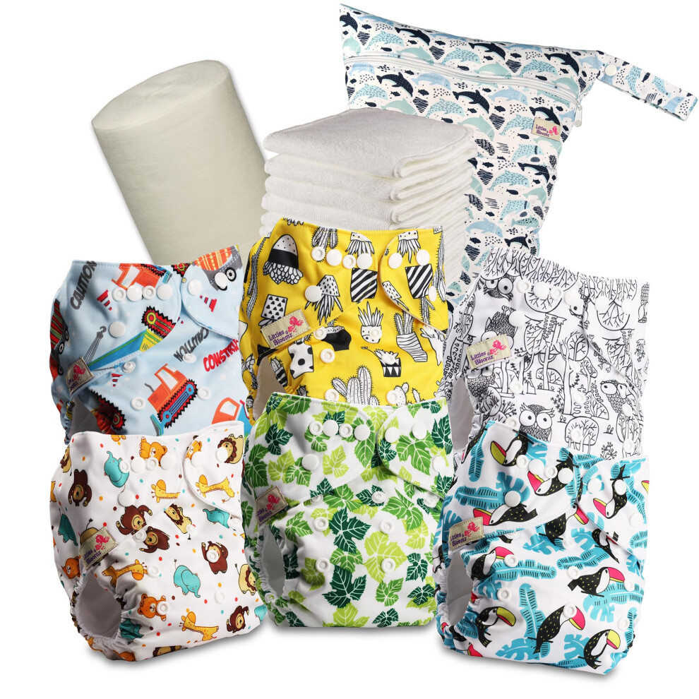 Reusable Nappies ? Pocket Cloth Nappy With Standard Poppers, 6 Nappies + 6 Microfibre Inserts, Bamboo Liner & Wet Nappy Bag 633Pm6 Littles & Bloomz