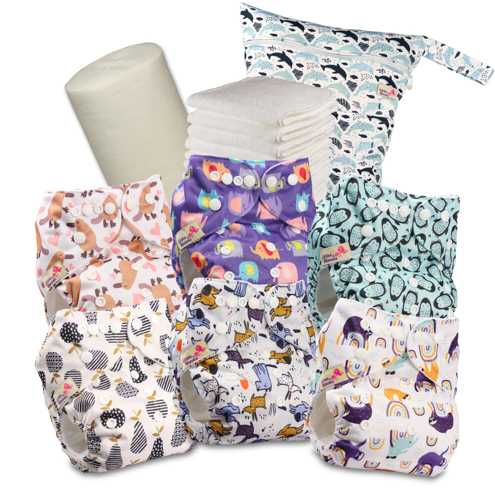 Reusable Nappies ? Pocket Cloth Nappy With Standard Poppers, 6 Nappies + 6 Microfibre Inserts, Bamboo Liner & Wet Nappy Bag 628Pm6 Littles & Bloomz