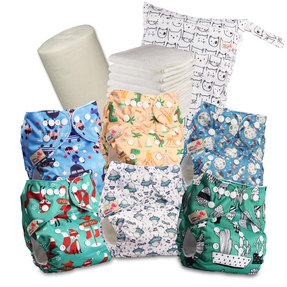 Reusable Nappies ? Pocket Cloth Nappy With Standard Poppers, 6 Nappies + 6 Microfibre Inserts, Bamboo Liner & Wet Nappy Bag 632Pm6 Littles & Bloomz