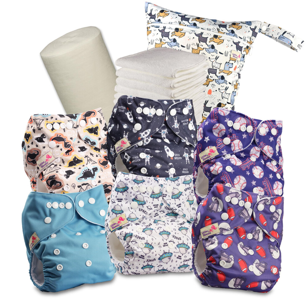 Reusable Nappies ? Pocket Cloth Nappy With Standard Poppers, 6 Nappies + 6 Microfibre Inserts, Bamboo Liner & Wet Nappy Bag 630Pm6 Littles & Bloomz