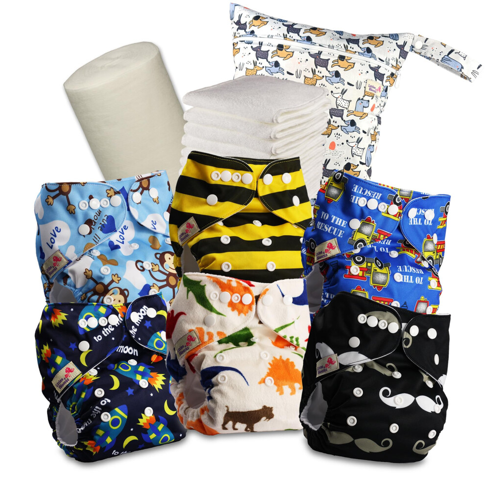 Reusable Nappies ? Pocket Cloth Nappy With Standard Poppers, 6 Nappies + 6 Microfibre Inserts, Bamboo Liner & Wet Nappy Bag 637Pm6 Littles & Bloomz