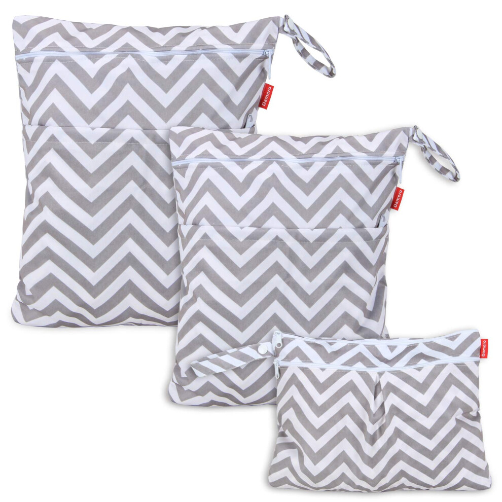3Pcs Pack Wet Dry Bag For Cloth Diapers Nappy Bag Daycare Organiser Bag, Chevron Grey Damero