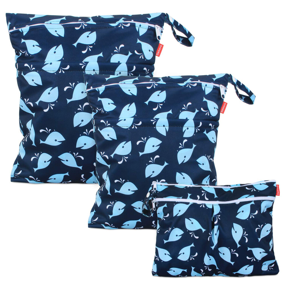 3 Pcs Baby Wet Dry Cloth Diaper Bag, Reusable Wet Dry Nappy Bag, Travel Diaper Organiser Bag For Baby's Nappies, Dirty Clothes And More (Whale) Damero