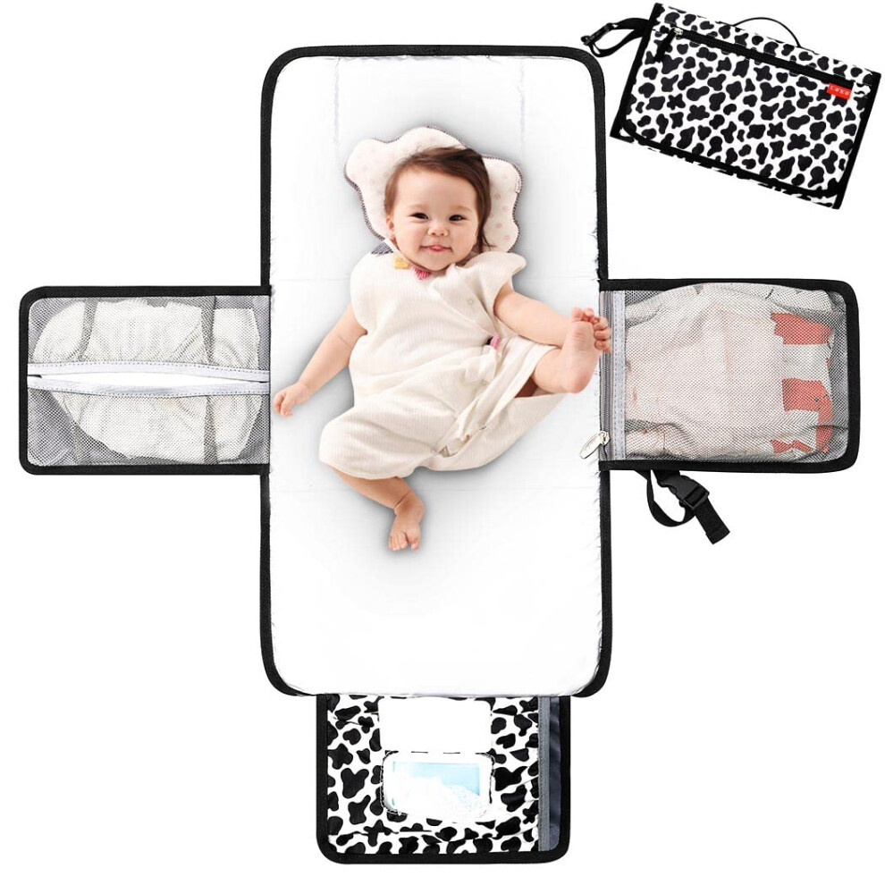 Lekebaby Nappy Changing Mat Portable Baby Travel Change Mats With Wipe-Pocket And Head Cushion, Cow Stria