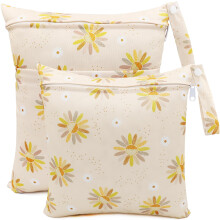 FenFang Wet Bag, 2 PCS Wet Dry Bags for Cloth Diapers Nappy Daycare Organiser Storage Bags, Waterproof Washable Reusable Zipper Bag (Yellow Flower)