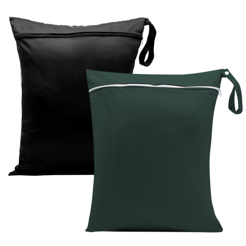 Wet Bags, 13X14 Inch Dry Bags Nappy Changing Laundry Bag Reusable Waterproof Cloth Organiser Pouches Babies Swimming Camping Travel Beach, Black/Green Zngou