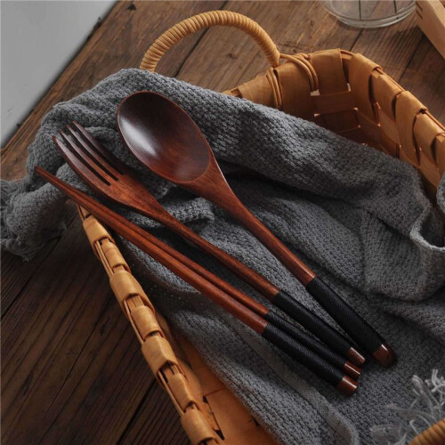 6X Wooden Flatware Set, Wooden Portable Set Chopsticks Spoon Fork Tableware Dinnerware with Black Twining Thread 2