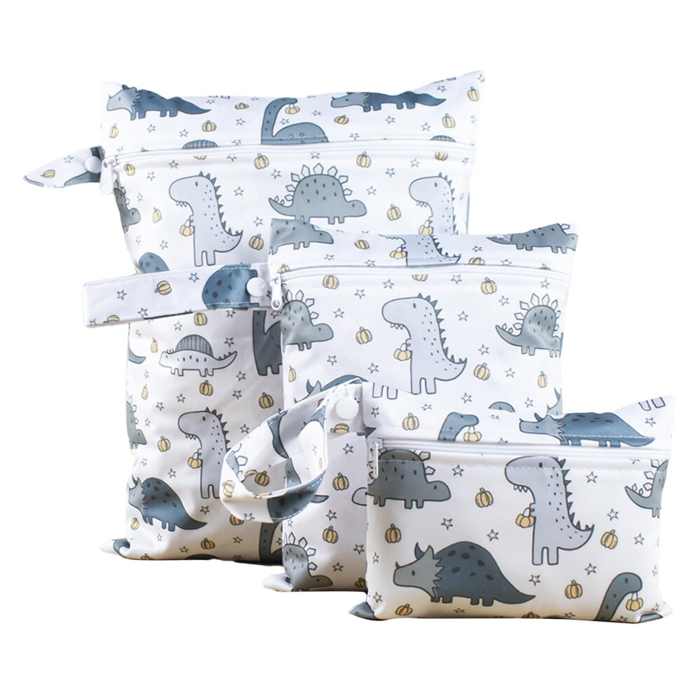 Kasesss 3 Pcs Dinosaur Pattern Nappy Bags, Waterproof Wet Dry Bags, Travel Laundry Bag, Wet Bag For Swimming With Zip, Reusable Organiser Nappy Pouch