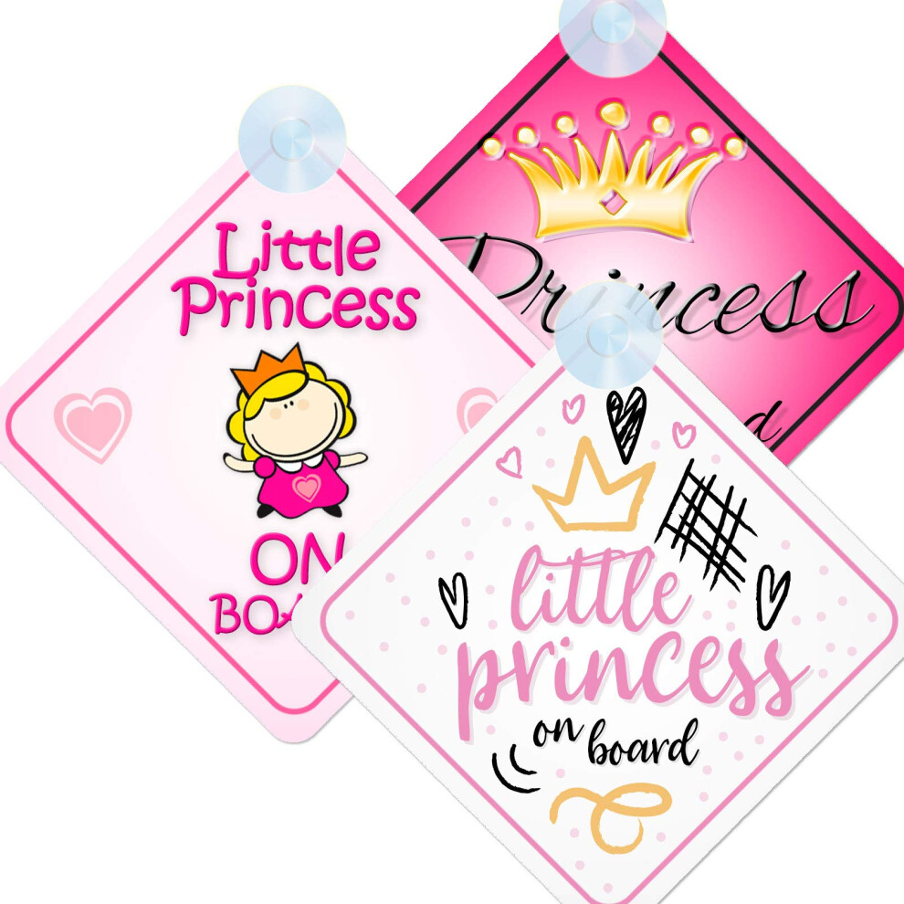 Princess On Board Baby/Child Sign For Car, 3Pcs Kids Safety Warning Triple Pack With Suction Cups Little Princess/Princess001/Princess024 5051226065316
