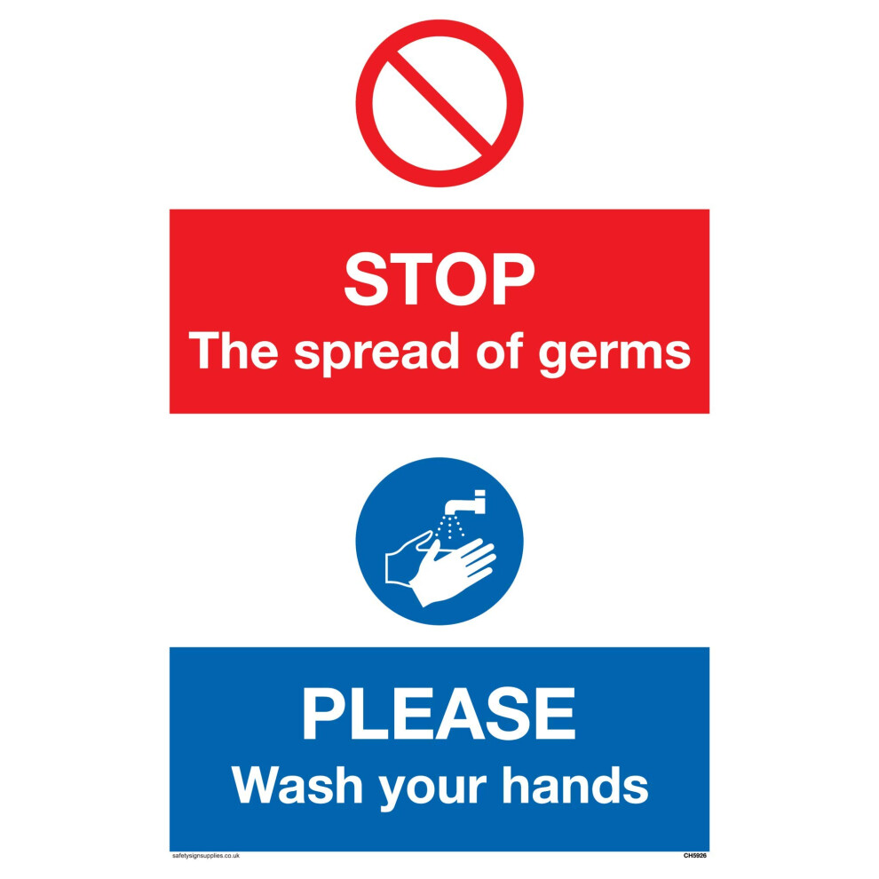 Stop Germs Please Wash Your Hands Sign - Plastic Rigid 3Mm 5051226065408