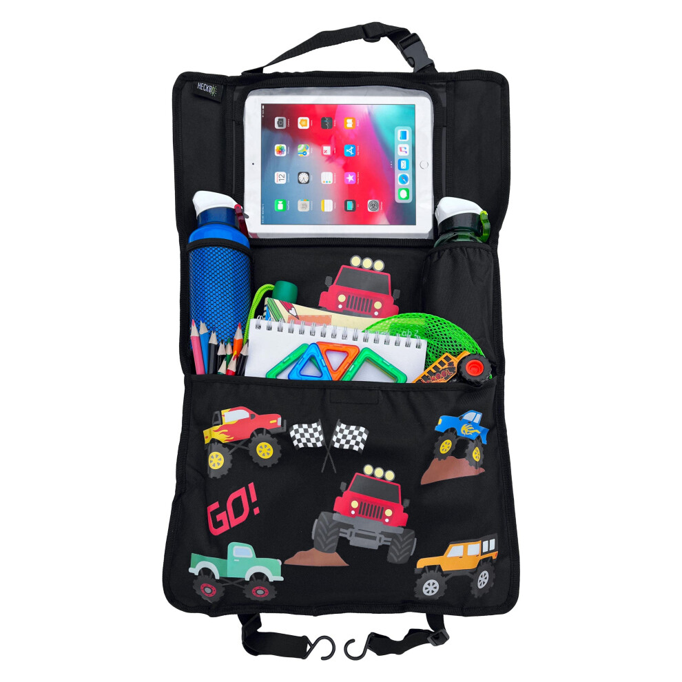 Heckbo 1X Children?S Car Seat Organiser With Adjustable Tablet Holder & Accessory Storage ? Monster Truck Design ? Universal Fit ? 70X45 Cm ? Incl. 5051226066535
