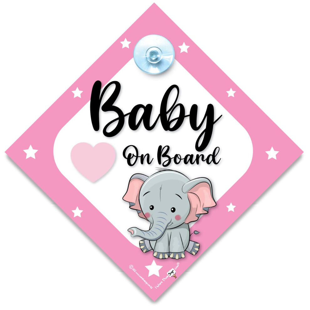 Elephant Baby On Board Sign, Baby Elephant Car Sign, Child On Board Sign With Suction Cup Attachment, 14Cm X 14Cm Pink 5051226064937