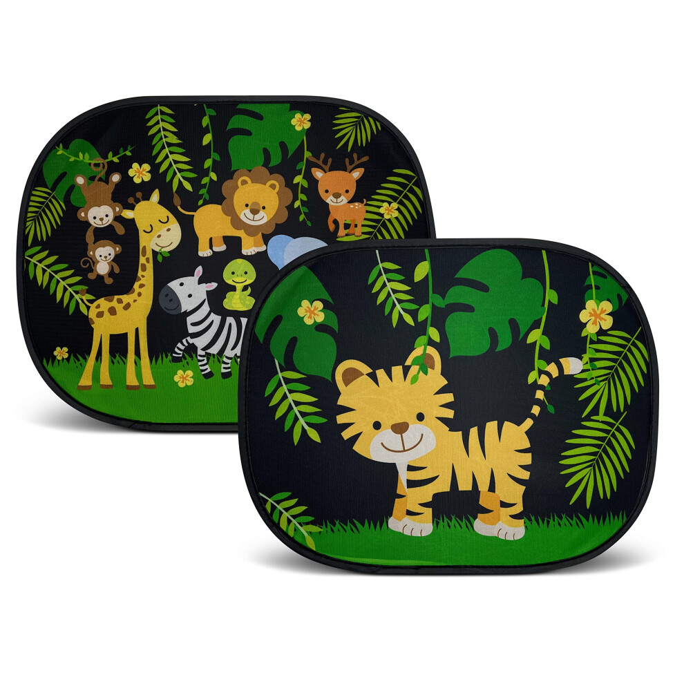 Heckbo 2X Car Sun Visor With 8 Suction Cups - Jungle Animals 44X36cm - Car Window Side Sunshade Car Sun Visor Side For Baby Kids Girls Boys Incl. Bag