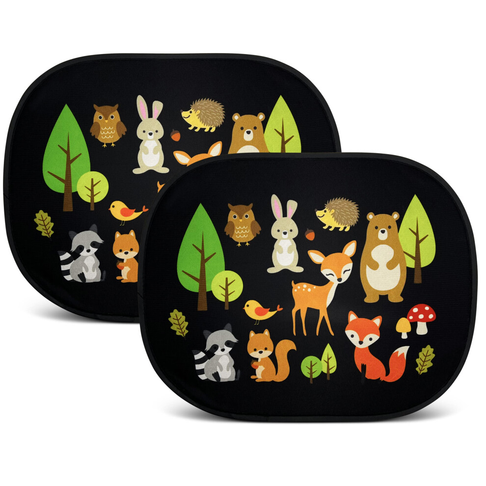 Heckbo 2X Car Sun Visor With 8 Suction Cups - Forest Animals - 44X36cm - Car Window Side Sunshade Car Sun Visor Side For Baby Kids Girls Boys Incl.