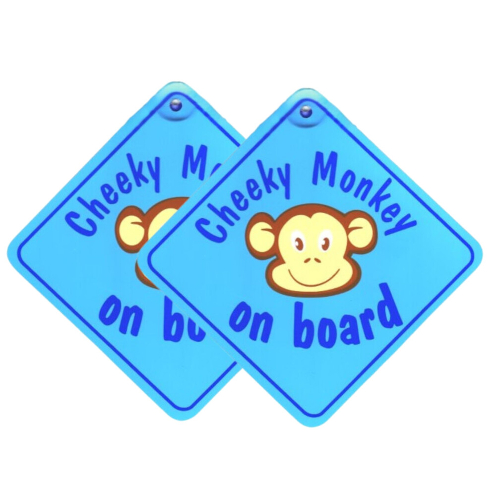 Tek Automotive Cheeky Monkey Baby On Board Car Sign | 5.5" X 5.5" Twin Pack With Suction Cup | Fun Safety Badge For Kids Blue 5051226064128