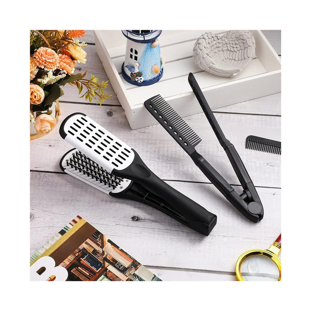 Tlily Unisex 2Pcs Double Sided Clamp Brush & Flat Iron Comb For Hair Straightening Hair Straightening Comb