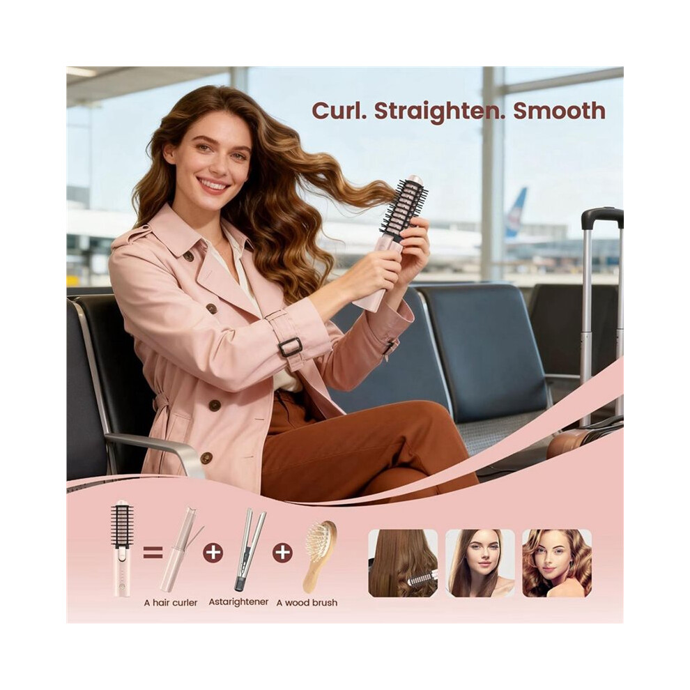 Tlily Cordless Hair Curling Iron Brush, Portable Travel Hair Curler,Heated Round Brush,Rechargeable Straightening Wand