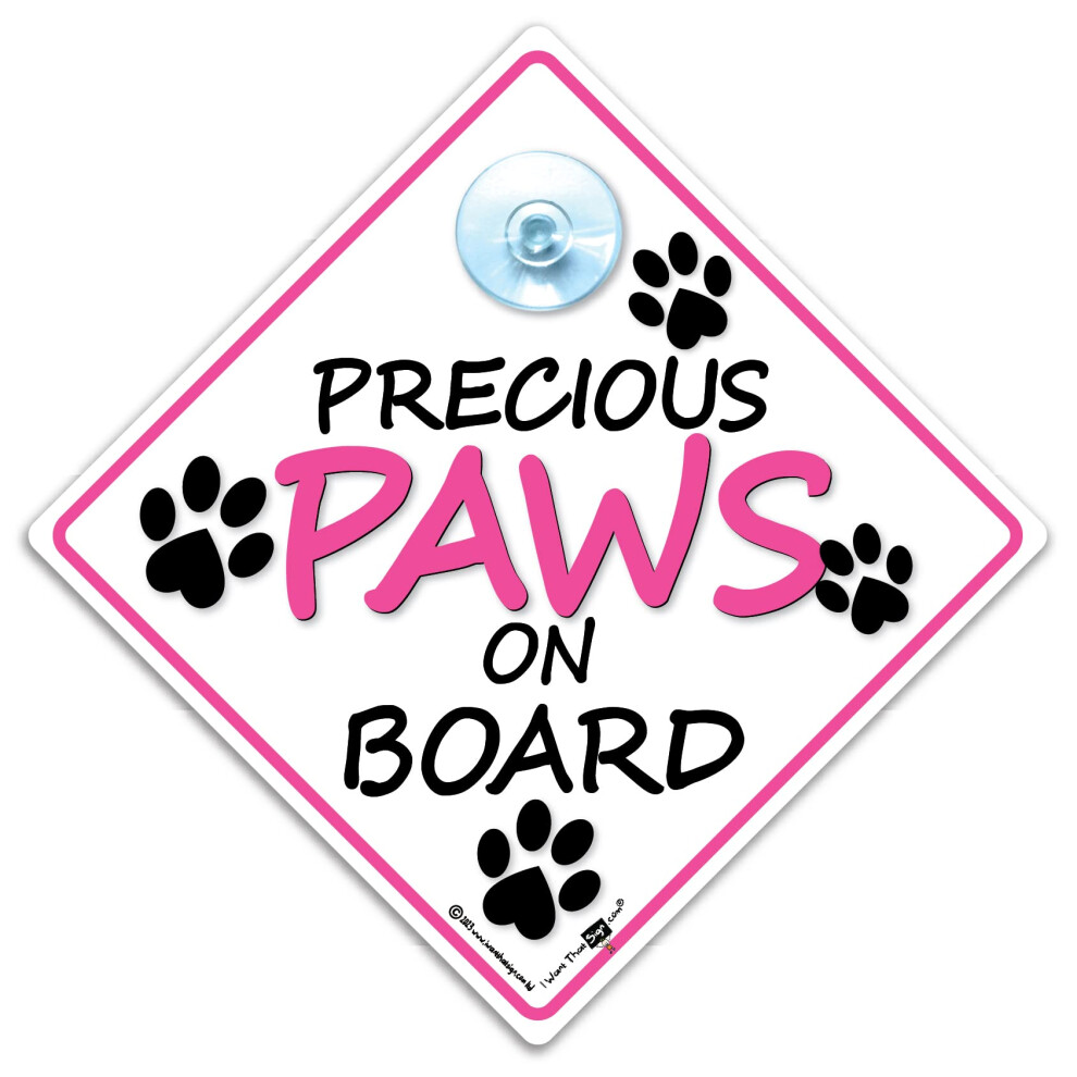 Precious Paws On Board Sign, Dog Car Sign With Suction Cup, Fur Baby Sign To Notify Of Dog In Vehicle 14 Cm Pink 5051226067006
