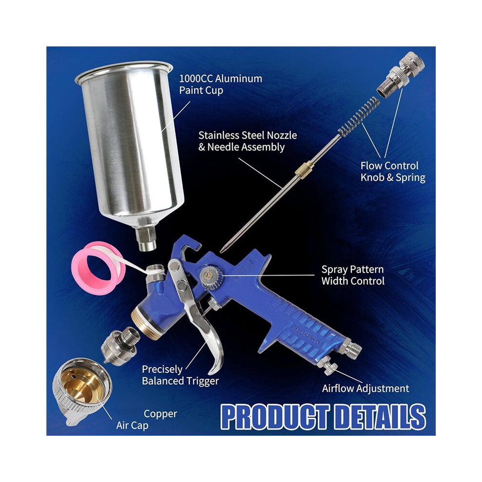 Hvlp Spray Paint Gun Kit For Automotive And Diy Projects - Includes 5 Nozzles And 1000Cc Cup 4712844132385