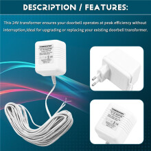 24V Doorbell Transformer Adapter for Video Doorbells, Enhanced Performance & Easy Installation EU PLUG