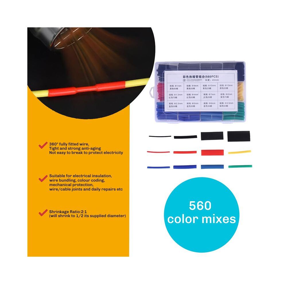 560Pcs Heat Shrink Tubing, Electrical Wire Cable Wrap Assortment Electric Insulation Heat Shrink Tube Kit With Box 4713332071377