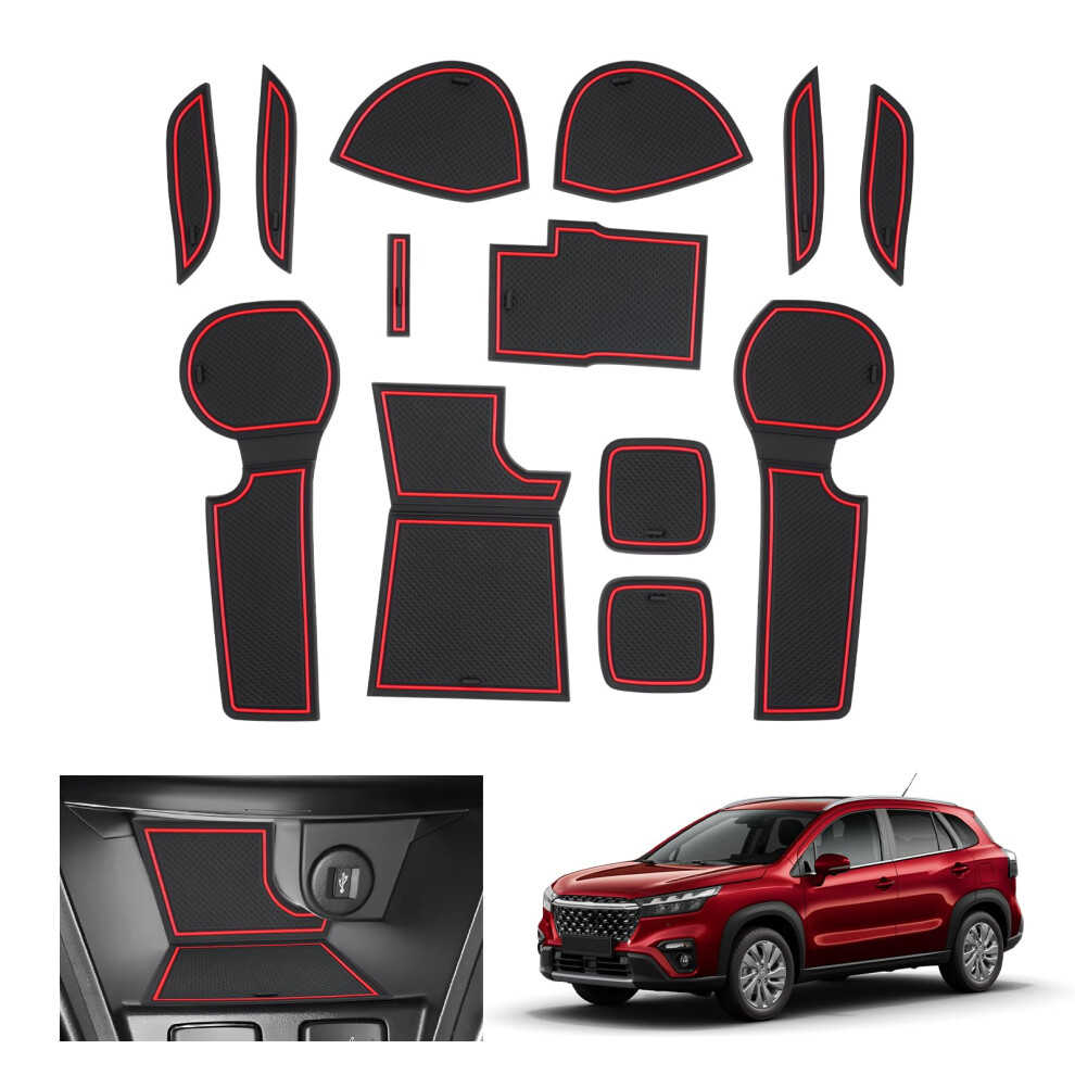 Gafat Suzuki S-Cross Hybrid Non-Slip Mats - 2022-2025, Rubber Mats For Centre Console Cup Holder & Door Seams, Red 5051226145193