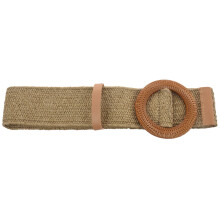 Straw Wide Belt Female Woven Vintage Round Wooden Buckle Decorative Dress Shirt Belt Khaki