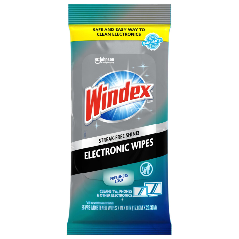 Windex Pre-Moistened Electronic Wipes, Provides Streak-Free Shine, 25 Pieces
