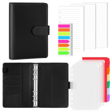 AKONEGE A6 6 Ring Binder PU Leather Refillable Notebook with 135PCS A6 Refill Papers, 3PCS Binder Pockets, 6PCS Index Dividers, Sticky Tabs, Planner