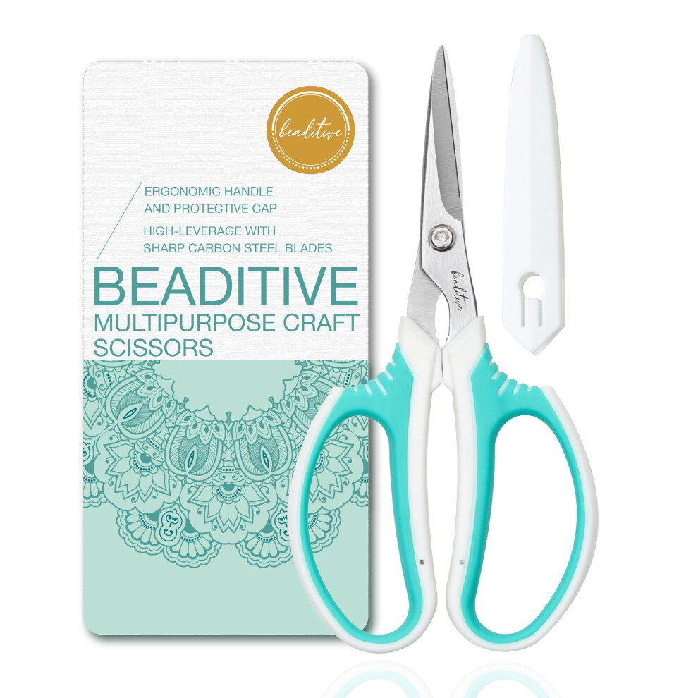 Beaditive Multipurpose Craft Scissors - High-Leverage Ergonomic Scissors With Sharp Carbon Steel Blades For Heavy Duty Projects - Safe For Office, 5051303145948