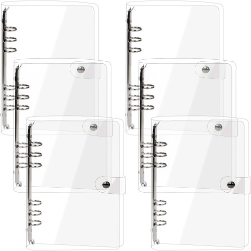 Elsjoy 6 Pack A5 Clear PVC Binder, 6-Ring Soft Notebook Binder Waterproof Transparent Loose Leaf Binding Covers, Refillable Notebook Round Ring Binder