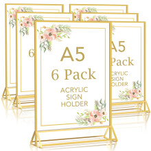 DMSELL 6 Pack A5 Acrylic Sign Holder with Gold Border, A5 Display Stand for Table Menu, Gold Menu Holders for Wedding, Restaurant Signs(Double Sided)