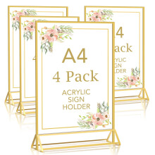 DMSELL 4 Pack A4 Acrylic Sign Holder with Gold Border, A4 Display Stand for Table Menu, Gold Menu Holders for Wedding, Restaurant Signs(Double Sided)