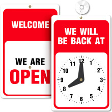 Will Return Clock Sign 23cm x 14cm Bright Red and White Colours with Suction Cup Ideal for Shop, Retail, Office Door or Window