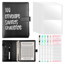 100 Envelope Challenge Binder, Money Saving Wallet Budget with Budget Sheets & Pen, A5 Envelope Challenge Black Book, PU Leather Cash for School Home