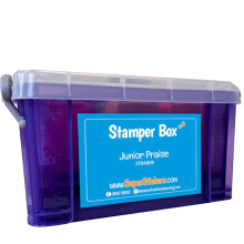 SuperStickers Primary Praise Teacher Stamper Box with 6 Stamps - with Colourful Messages Brilliant, Very Good, Great Work, Well Done, Super &