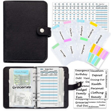 Wool Felt Black A6 Binder, Money Saving Wallet,Silver 6 Ring Cash Stuffing Binder Notebook Planner Personal with Budget Accessory Kit -Harphia