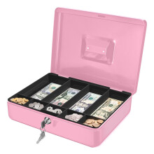 Flexzion Cash Box with Money Tray and Lock - Metal Cash Box for Small Businesses, 9-Compartment Pink Money Box with Removable Tray and Key, Portable