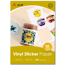 A-SUB White Matte Premium Waterproof Printable Vinyl Sticker Paper, Self-Adhesive Vinyl Labels for Inkjet Printers, A4 Size, 20 Sheets