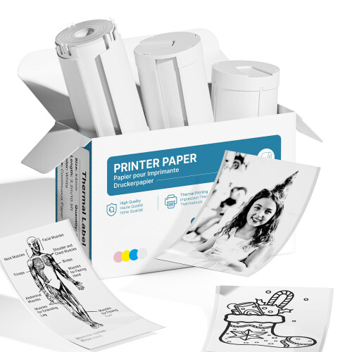 Self-Adhesive Thermal Printer Stickers, 54mmx3.2m Mini Sticker Printer Paper, 3 Rolls, White