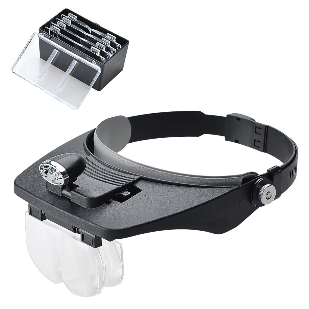 Covvy Light Headband Magnifier With 2 Led ,Handsfree Headset Loupe Head Mounted Magnifying Glasses With 4 Detachable Lenses For Reading,Electronic