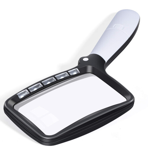 Kaome Rectangular Magnifying Glass with Light Magnifier Large Foldable Handheld 5 LED, 2 Dimming Modes, 2X Magnifying Reading for Seniors Low Vision