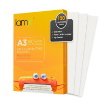 LamX A3 Laminating Pouches 150micron, High Gloss Finish Sheets, Anti-Static Formula Laminating Pouches A3, 150 Micron (75+75 Micron) Pack of 100