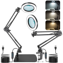 Jubor 2-in-1 Magnifying Glass with Light and Stand, 15X 10X LED Magnifying Lamp with Clamp and Base, Desk Magnifier Lamp with 3 Color Modes for Hobby
