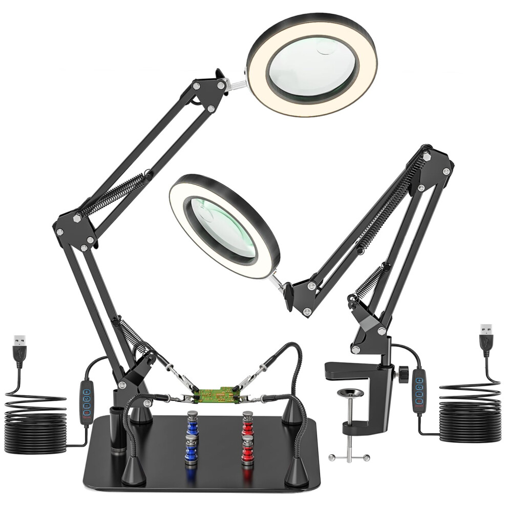 Jubor Light 10X 15X Magnifying Glass With And Stand, Magnetic Soldering Aid Helping Hand With Magnifying Lamp, Third Hand Soldering Magnifier With 3