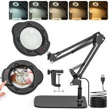 Jubor 2-in-1 Magnifying Glass with Light and Stand, 15X 10X Magnifying Lamp with Clamp and Base, LED Desk Magnifier Lamp with 5 Color Modes and 10
