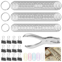 LXBCTOP 110 PCS Binder Rings, 20 25 30 MM Loose Leaf Binding Ring, Metal Rings with 1 Hole Punch 12 Foldback Clips, Metal Ring Binders for Flashcards