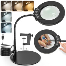 Jubor Gooseneck Magnifying Glass with Light and Stand, 10X 15X LED Magnifying Desk with Clamp and Base, Desk Magnifier Lamp with 5 Color Modes